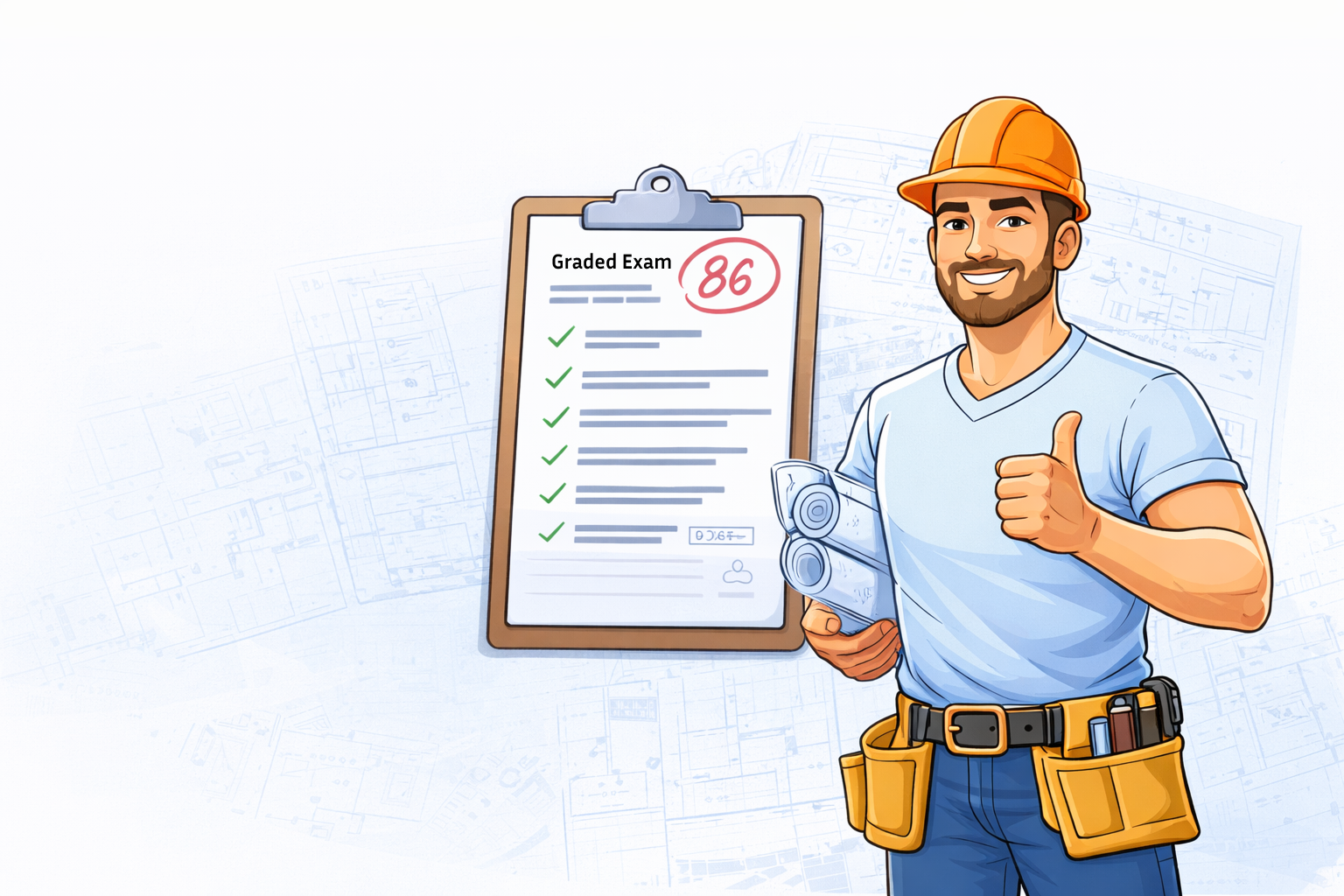 Contractor with graded exam showing 86% score